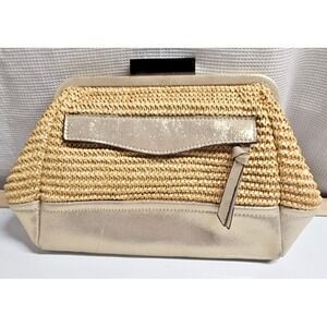 Annabel Ingall woven‎ straw leather combo clutch bag beige gold